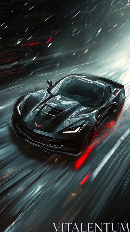 Black supercar cuts through neon rain at high speed