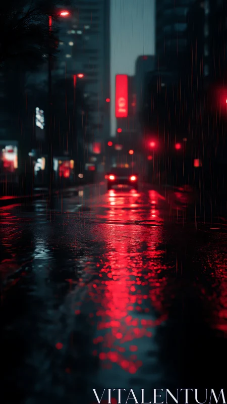 Nocturnal city street in rain with red bokeh reflections