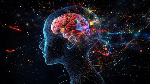 Neural energy streams encircle a luminous brain in profile