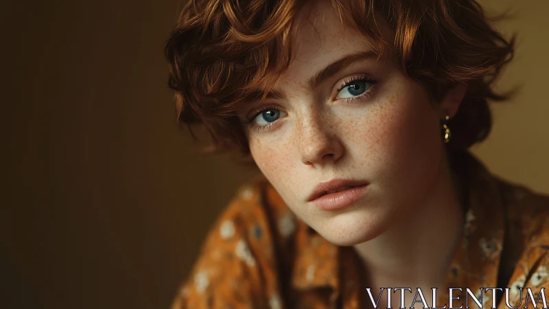 Close portrait of red haired person with blue eyes and freckles.