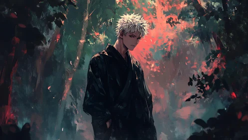White haired swordsman stands in dusk lit forest path.