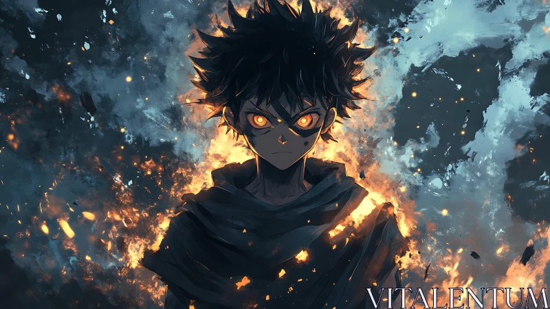 Ember-eyed wanderer forges calm in a storm of burning sky