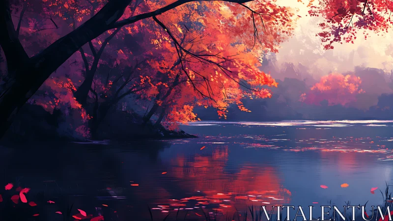 Crimson treetops ignite a tranquil riverside dreamscape at dusk.