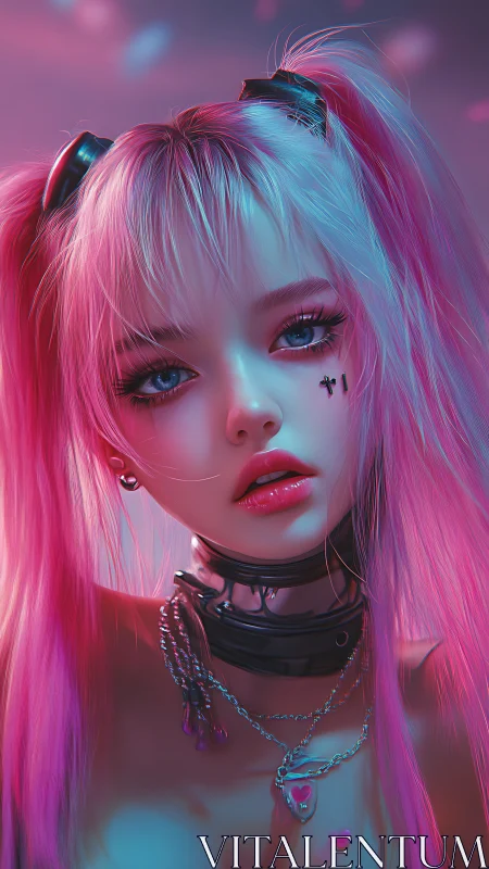 Neon cyberpunk girl with split pink blue hair and collar focus.