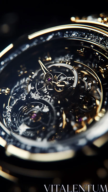 Macro view isolates skeleton tourbillon watch with jeweled geartrain