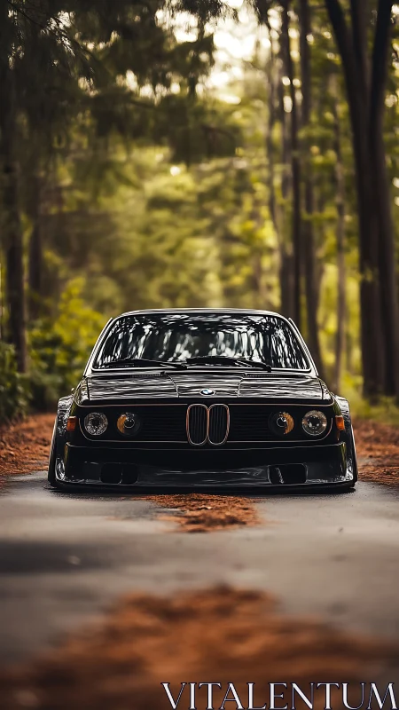 Lowered classic BMW coupe dominates forest backroad