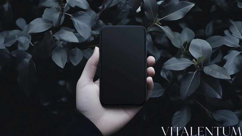 Hand Holding Blank Smartphone Among Dark Foliage.