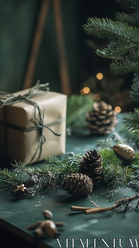 Cozy pinecones and wrapped gift create peaceful winter cheer