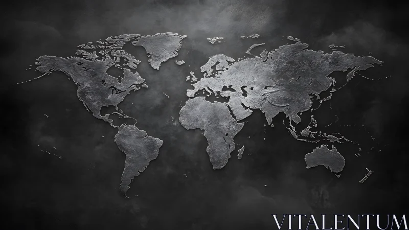 World map silhouette appears as textured metallic relief