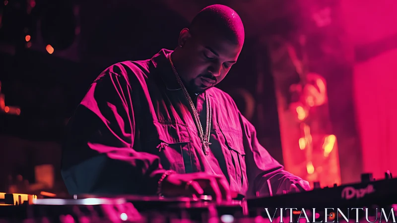 Club DJ in magenta volumetric lighting operating mixer board.