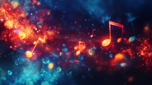 Glowing music notes drifting through a cosmic color storm.