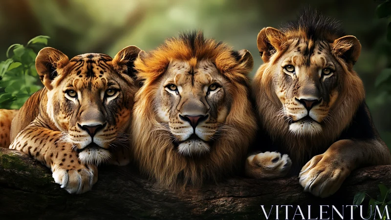 Three Adult Lions Resting Together on Log with Verdant Foliage Background