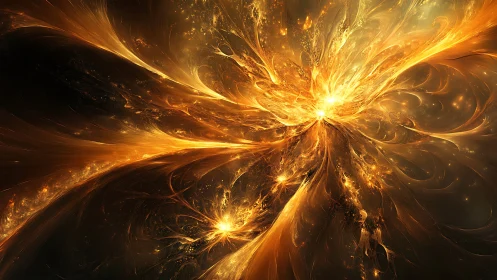 Radiant golden energy burst rendered as abstract digital nebula