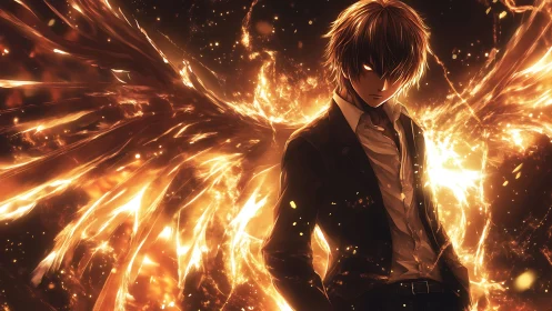 Blazing winged youth in molten amber celestial flare.