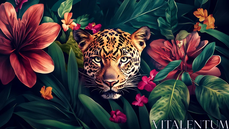 Jungle dusk hushes while a painted leopard blooms from leaves
