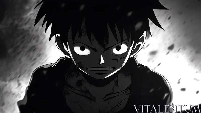 High-contrast anime close-up shows intense battle-worn resolve