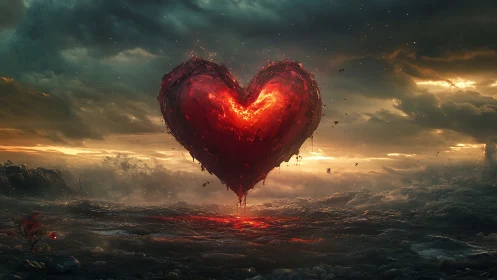 Incandescent Heart Form Suspended in Apocalyptic Landscape with Photorealistic Rendering