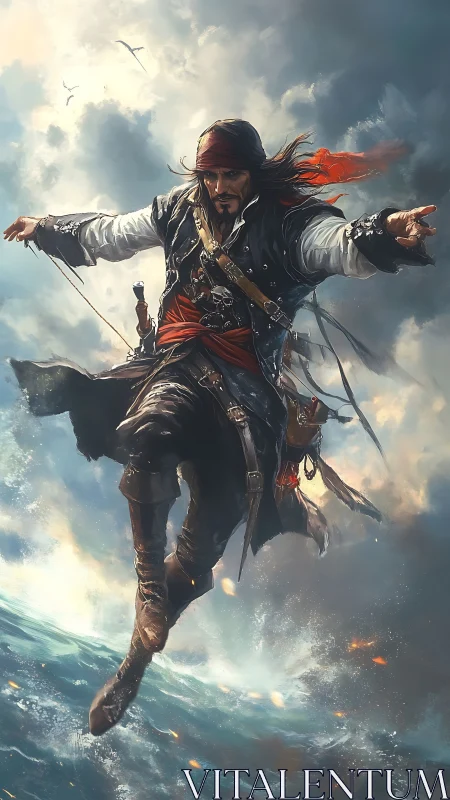 Daring pirate captain leaps above stormy ocean waves