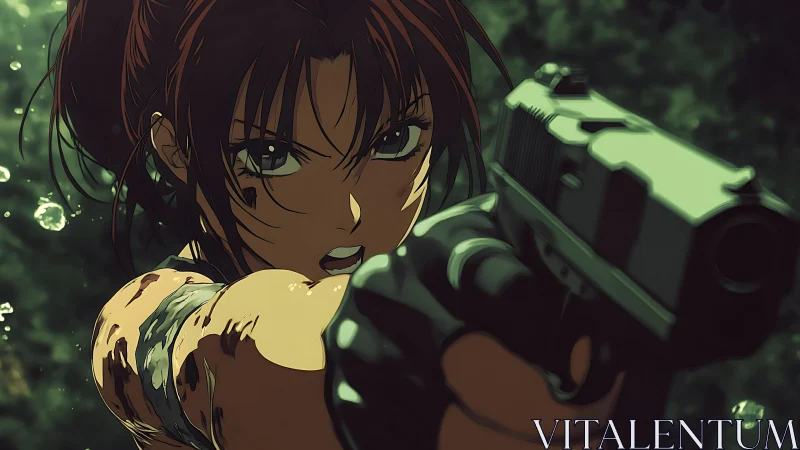 Female character extends handgun toward viewer in close focus