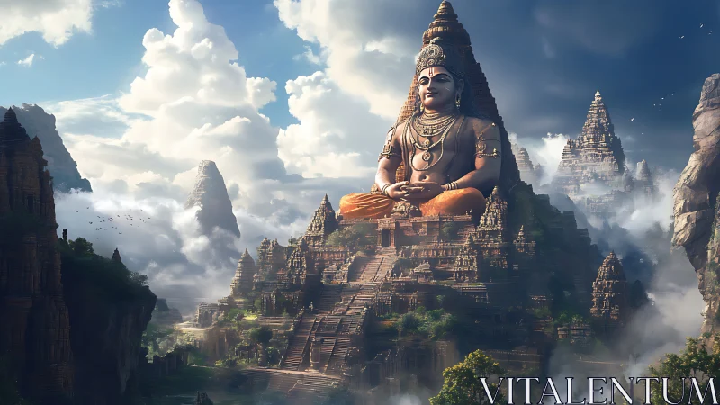 Colossal seated deity within mist-draped mountain temples.