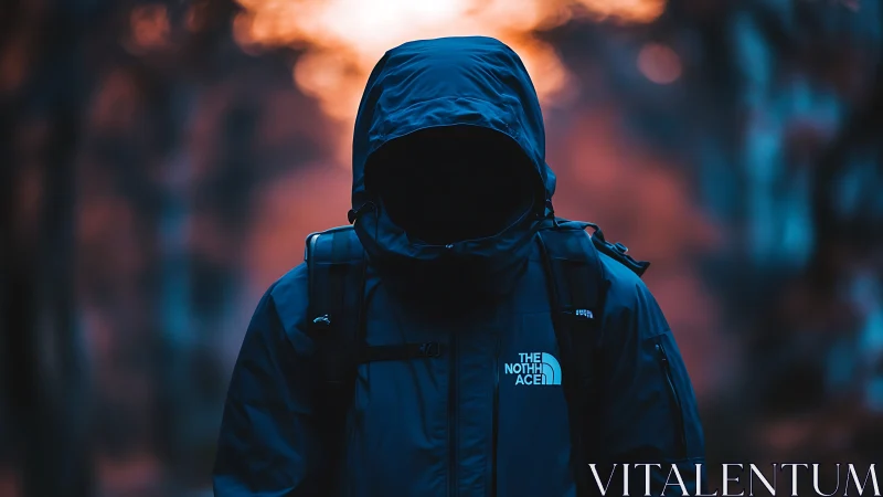 Hooded wanderer absorbs neon dusk in a blurred forest