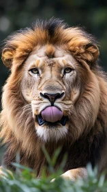 Male lion portrait with tongue out in natural habitat.