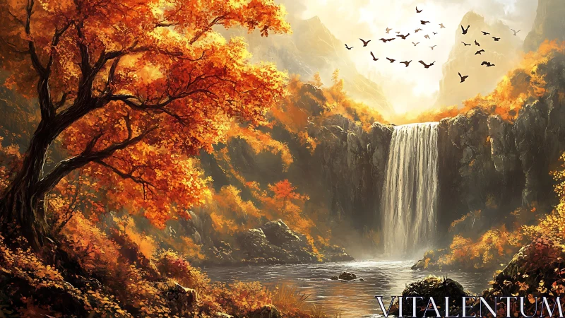 Autumn forest waterfall with rocky cliffs and distant mountains.