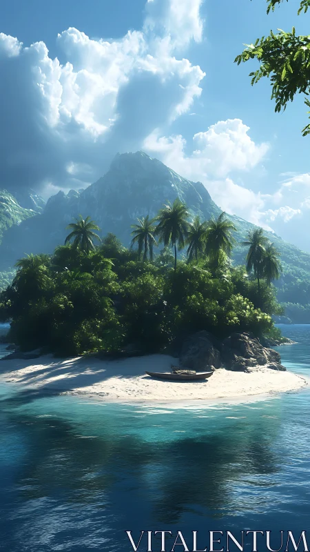 Tropical Island Paradise Beneath Soaring Mountain Peak.