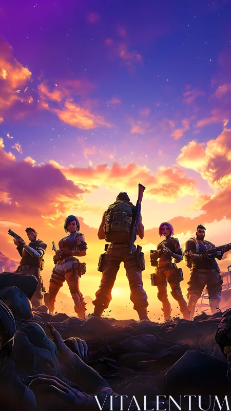 Tactical squad silhouette against neon sunset battlefield sky