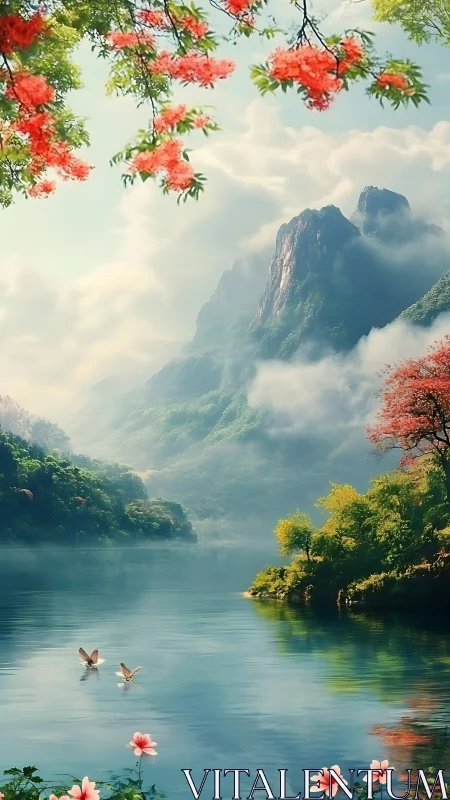 Digital landscape depicts misty mountains above calm lake