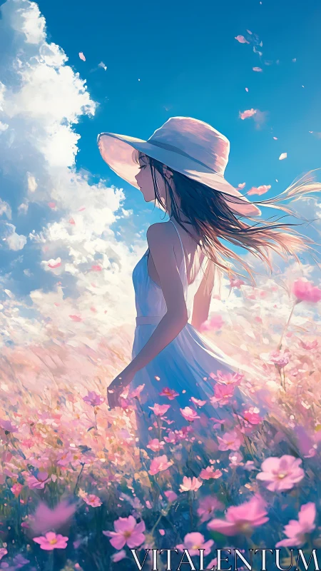 Side-lit anime girl in windswept flower field under high cumulus