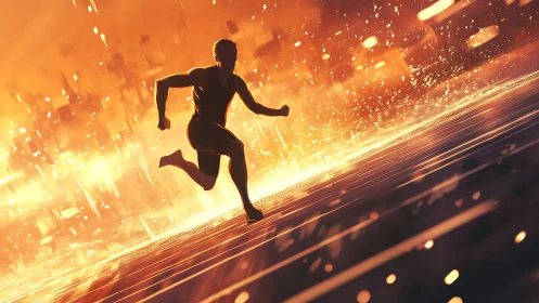 Silhouetted runner on luminous track against abstract skyline.