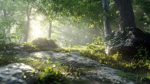 Misty Forest Path Through Ancient Trees and Dappled Sunlight