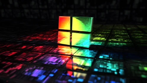 3D Glass Windows Logo with Neon Reflections in Futuristic Style.