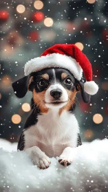Christmas puppy wears Santa hat amid glowing bokeh snow