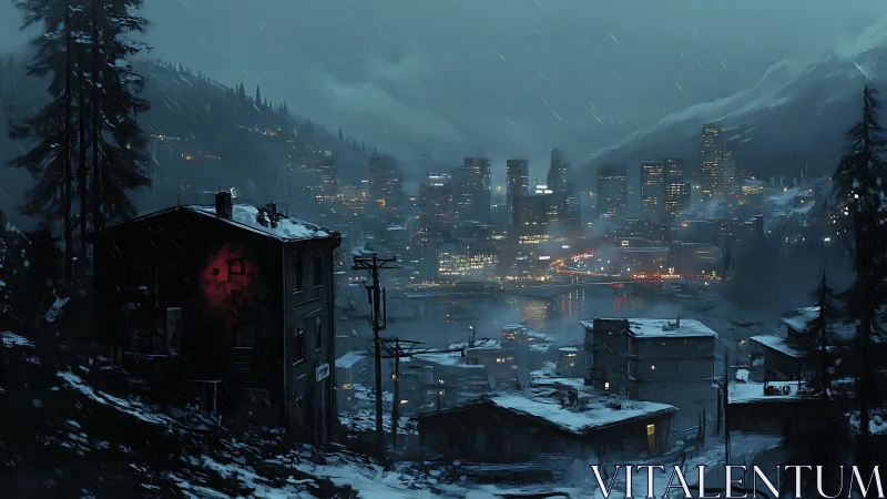 Snowy hillside shanties facing neon winter city skyline.