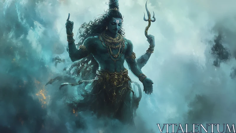 Divine blue deity rises from swirling cosmic storm clouds.