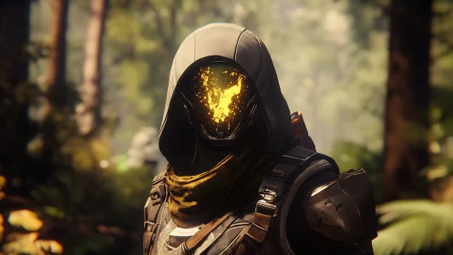Hooded armored figure with luminous faceless visor in forest.