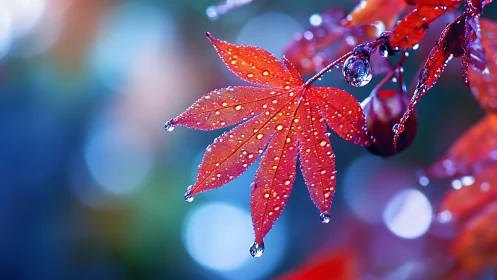 Red maple leaf holds water droplets against blurred bokeh