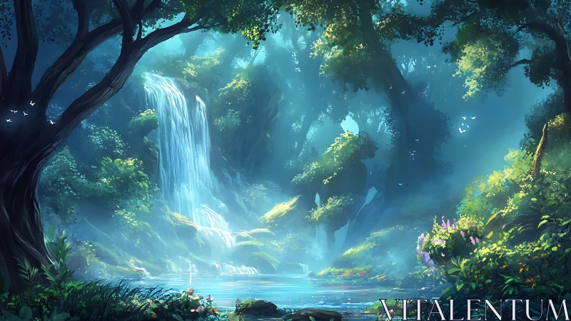 Luminous Forest Waterfall: Ethereal Digital Ecosystem.