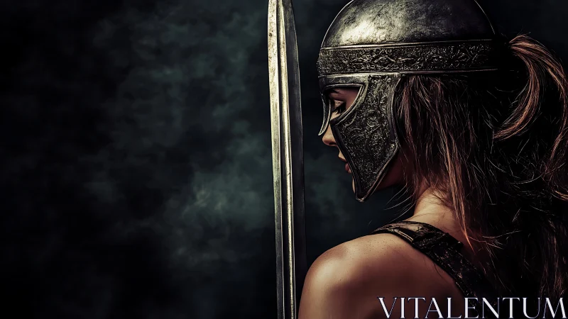 Photorealistic profile of armored female warrior with sword.