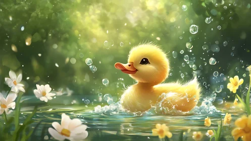 Sunlit duckling splashes through a sparkling spring pond.