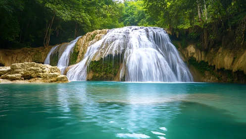Soothing jungle waterfall pours into a calm turquoise pool