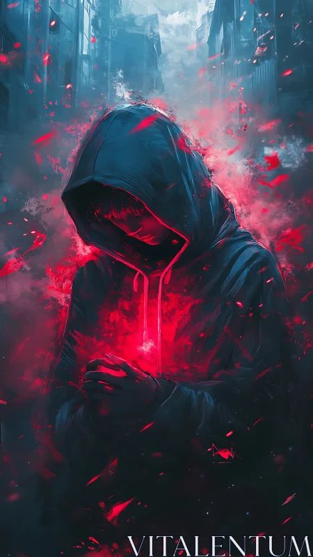 Hooded figure in urban alley with red luminous energy field.