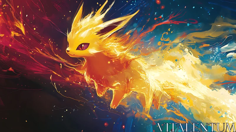 Fiery fox-like creature racing through abstract space.