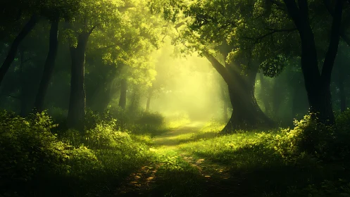 Luminous Forest Cathedral: Where Emerald Canopies Frame Golden Pathways.