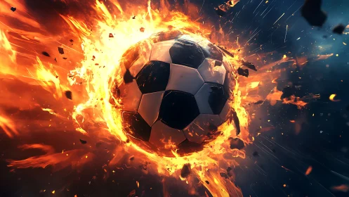 Blazing soccer ball racing through fire with unstoppable energy.