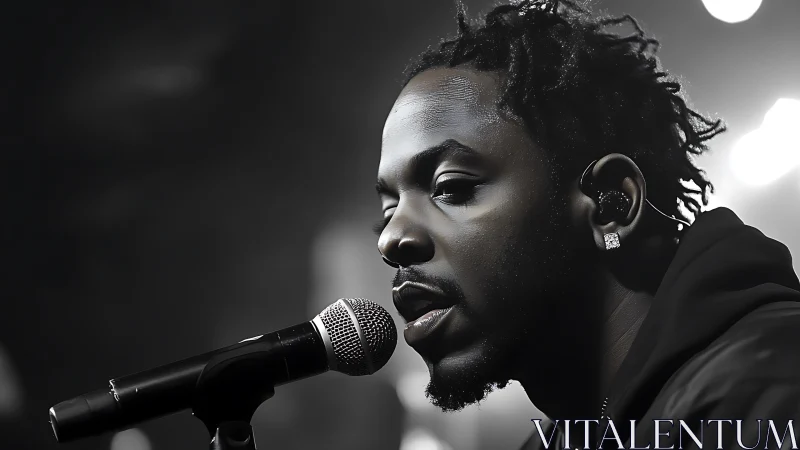 Monochrome male vocalist in close-up stage performance.