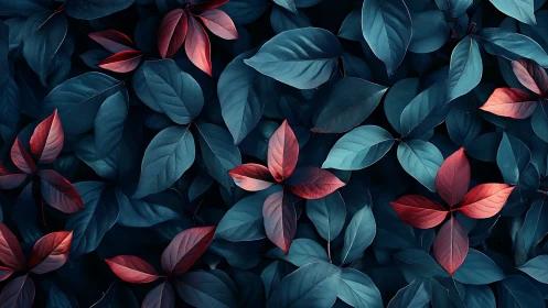 Dark teal foliage with scattered red leaves in contrast