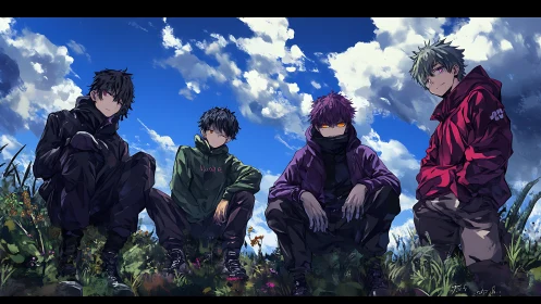 Anime streetwear quartet under dramatic summer sky.